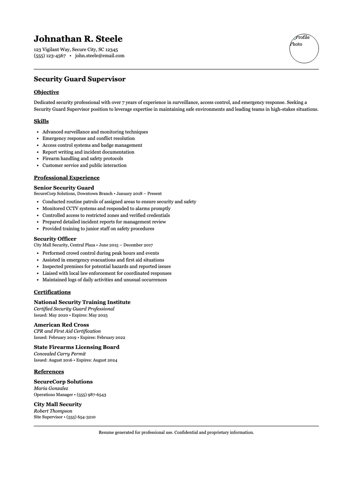 Security guard resume with professional experience and certifications_variant_1
